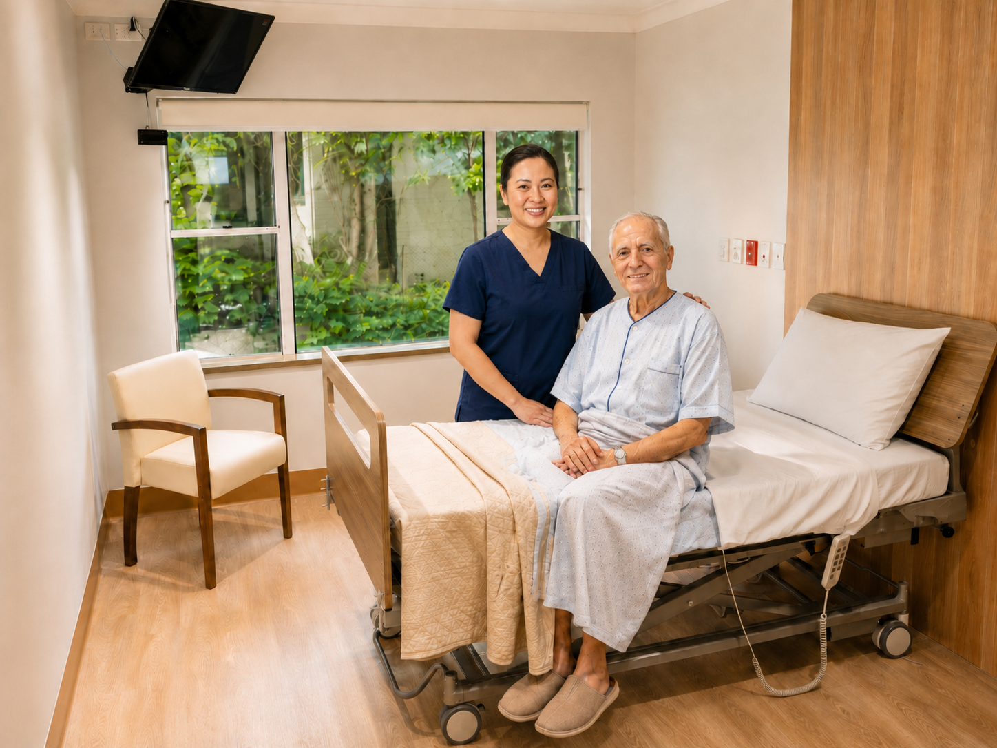 Dalcross Wellness Hospital patient room nurse care Nurse supporting an older patient in a private hospital room at Dalcross Wellness Hospital