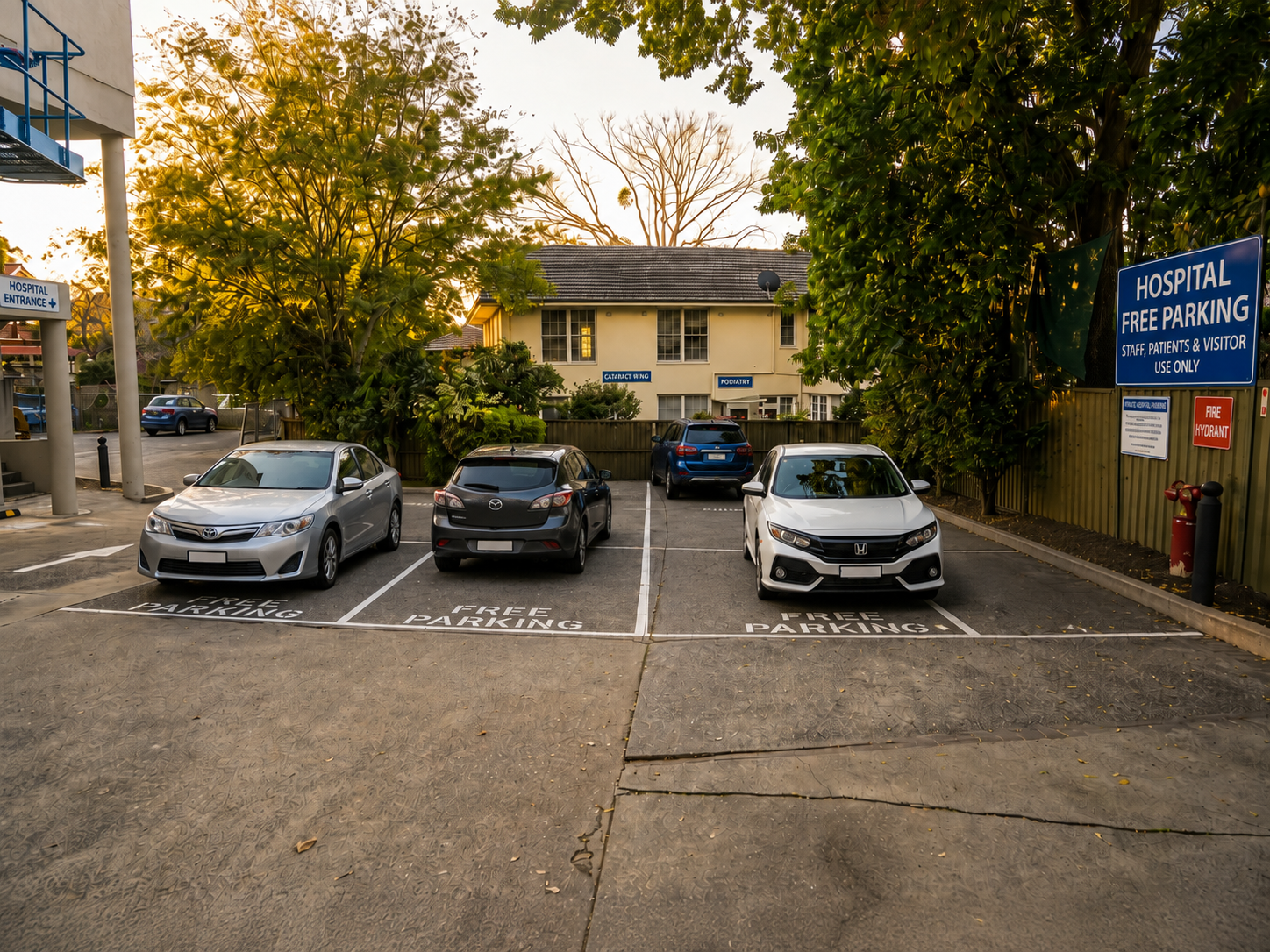 Free patient and visitor parking at Dalcross Wellness Hospital in Killara.